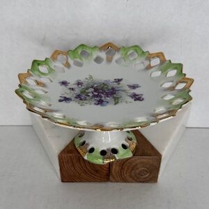 Vintage Lefton China Reticulated Pedestal Plate Hand Painted Gold Purple Flowers